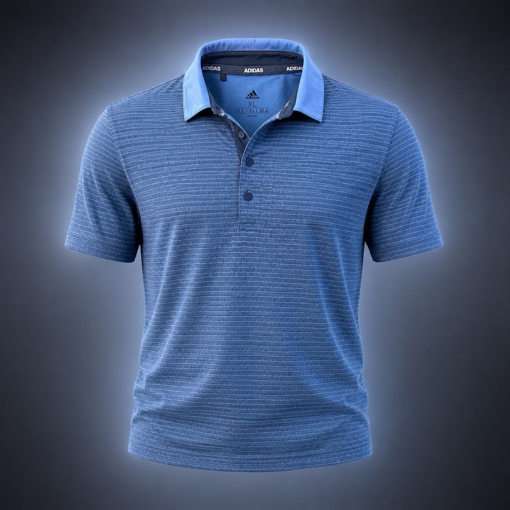Adidas Polo Shirt Mens XL Blue GEOMETRIC PRINT Knit Performance Golf Casual Logo